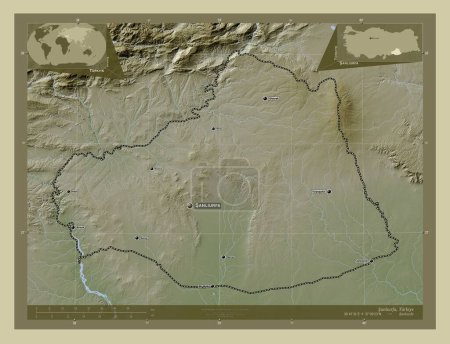 Foto de Sanlurfa, provincia de Turkiye. Mapa de elevación coloreado en estilo wiki con lagos y ríos. Ubicaciones y nombres de las principales ciudades de la región. Mapas de ubicación auxiliares de esquina - Imagen libre de derechos