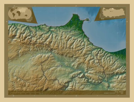 Foto de Sinop, provincia de Turkiye. Mapa de elevación de colores con lagos y ríos. Ubicaciones y nombres de las principales ciudades de la región. Mapas de ubicación auxiliares de esquina - Imagen libre de derechos