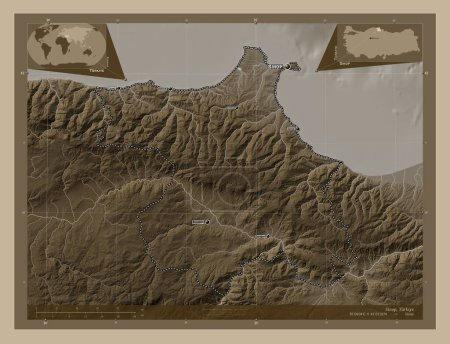 Foto de Sinop, provincia de Turkiye. Mapa de elevación coloreado en tonos sepia con lagos y ríos. Ubicaciones y nombres de las principales ciudades de la región. Mapas de ubicación auxiliares de esquina - Imagen libre de derechos