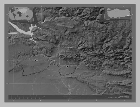 Téléchargez les photos : Srnak, province of Turkiye. Grayscale elevation map with lakes and rivers. Locations and names of major cities of the region. Corner auxiliary location maps - en image libre de droit
