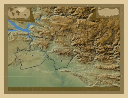 Photo for Srnak, province of Turkiye. Colored elevation map with lakes and rivers. Locations of major cities of the region. Corner auxiliary location maps - Royalty Free Image