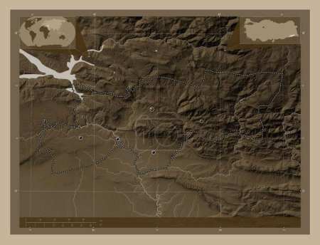 Photo for Srnak, province of Turkiye. Elevation map colored in sepia tones with lakes and rivers. Locations of major cities of the region. Corner auxiliary location maps - Royalty Free Image
