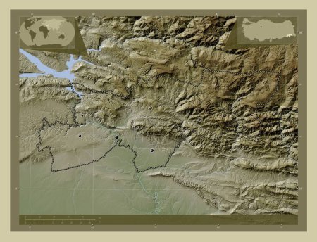 Photo for Srnak, province of Turkiye. Elevation map colored in wiki style with lakes and rivers. Locations of major cities of the region. Corner auxiliary location maps - Royalty Free Image