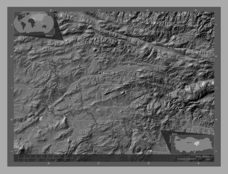 Foto de Sivas, provincia de Turkiye. Mapa de elevación de Bilevel con lagos y ríos. Ubicaciones y nombres de las principales ciudades de la región. Mapas de ubicación auxiliares de esquina - Imagen libre de derechos