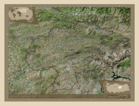 Foto de Sivas, provincia de Turkiye. Mapa satelital de alta resolución. Ubicaciones y nombres de las principales ciudades de la región. Mapas de ubicación auxiliares de esquina - Imagen libre de derechos