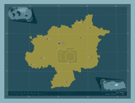 Foto de Sivas, provincia de Turkiye. Forma de color sólido. Ubicaciones y nombres de las principales ciudades de la región. Mapas de ubicación auxiliares de esquina - Imagen libre de derechos