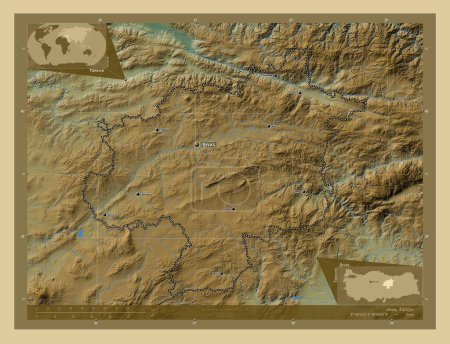 Foto de Sivas, provincia de Turkiye. Mapa de elevación de colores con lagos y ríos. Ubicaciones y nombres de las principales ciudades de la región. Mapas de ubicación auxiliares de esquina - Imagen libre de derechos