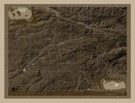 Foto de Sivas, province of Turkiye. Elevation map colored in sepia tones with lakes and rivers. Locations and names of major cities of the region. Corner auxiliary location maps - Imagen libre de derechos