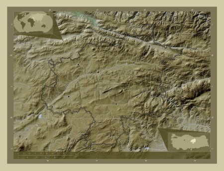 Foto de Sivas, provincia de Turkiye. Mapa de elevación coloreado en estilo wiki con lagos y ríos. Ubicaciones de las principales ciudades de la región. Mapas de ubicación auxiliares de esquina - Imagen libre de derechos
