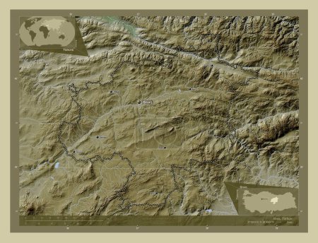 Foto de Sivas, provincia de Turkiye. Mapa de elevación coloreado en estilo wiki con lagos y ríos. Ubicaciones y nombres de las principales ciudades de la región. Mapas de ubicación auxiliares de esquina - Imagen libre de derechos