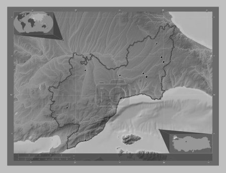 Téléchargez les photos : Tekirdag, province de Turkiye. Carte d'altitude en niveaux de gris avec lacs et rivières. Emplacements des grandes villes de la région. Corner cartes de localisation auxiliaires - en image libre de droit