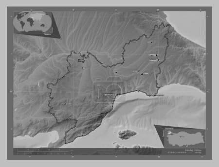 Téléchargez les photos : Tekirdag, province of Turkiye. Grayscale elevation map with lakes and rivers. Locations and names of major cities of the region. Corner auxiliary location maps - en image libre de droit