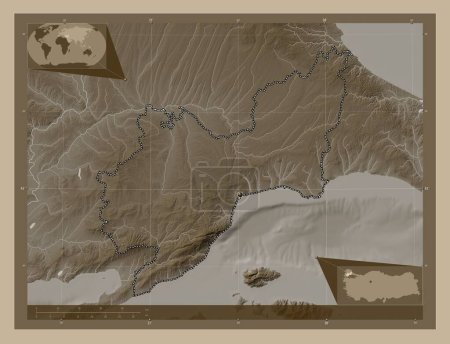 Téléchargez les photos : Tekirdag, province of Turkiye. Elevation map colored in sepia tones with lakes and rivers. Corner auxiliary location maps - en image libre de droit