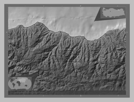 Photo for Trabzon, province of Turkiye. Grayscale elevation map with lakes and rivers. Locations of major cities of the region. Corner auxiliary location maps - Royalty Free Image