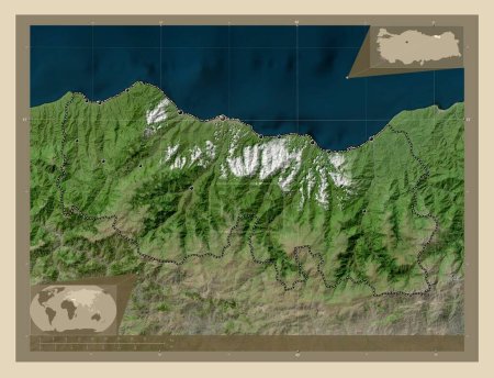 Foto de Trabzon, provincia de Turkiye. Mapa satelital de alta resolución. Ubicaciones de las principales ciudades de la región. Mapas de ubicación auxiliares de esquina - Imagen libre de derechos