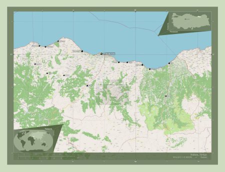 Foto de Trabzon, provincia de Turkiye. Open Street Map. Ubicaciones y nombres de las principales ciudades de la región. Mapas de ubicación auxiliares de esquina - Imagen libre de derechos
