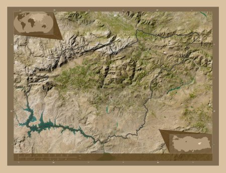 Téléchargez les photos : Tunceli, province de Turkiye. Carte satellite basse résolution. Emplacements des grandes villes de la région. Corner cartes de localisation auxiliaires - en image libre de droit