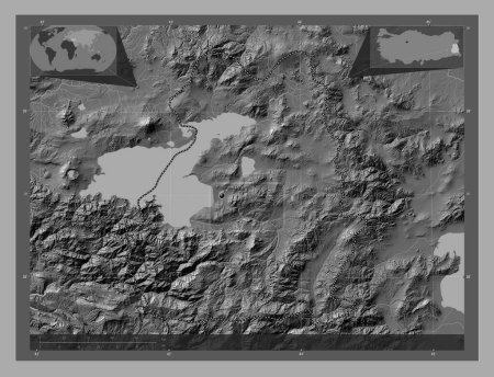 Téléchargez les photos : Van, province de Turkiye. Carte d'altitude de Bilevel avec lacs et rivières. Corner cartes de localisation auxiliaires - en image libre de droit