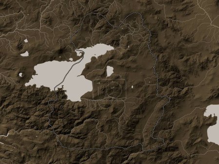 Téléchargez les photos : Van, province de Turkiye. Carte d'altitude colorée dans des tons sépia avec des lacs et des rivières - en image libre de droit