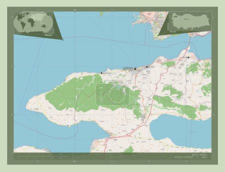 Téléchargez les photos : Yalova, province of Turkiye. Open Street Map. Locations and names of major cities of the region. Corner auxiliary location maps - en image libre de droit