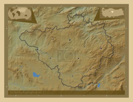 Foto de Yozgat, provincia de Turkiye. Mapa de elevación de colores con lagos y ríos. Ubicaciones de las principales ciudades de la región. Mapas de ubicación auxiliares de esquina - Imagen libre de derechos