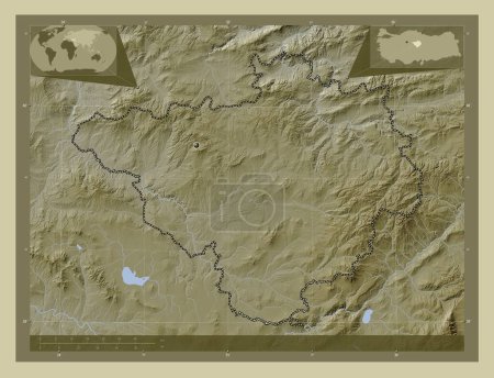 Téléchargez les photos : Yozgat, province de Turkiye. Carte d'altitude colorée dans le style wiki avec des lacs et des rivières. Corner cartes de localisation auxiliaires - en image libre de droit