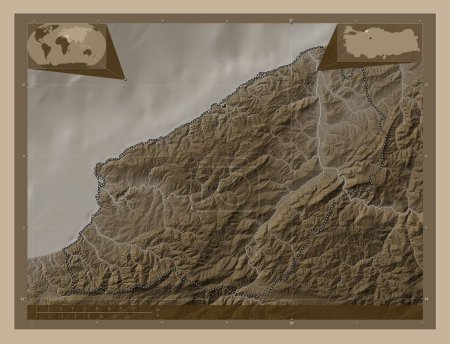 Photo for Zonguldak, province of Turkiye. Elevation map colored in sepia tones with lakes and rivers. Corner auxiliary location maps - Royalty Free Image