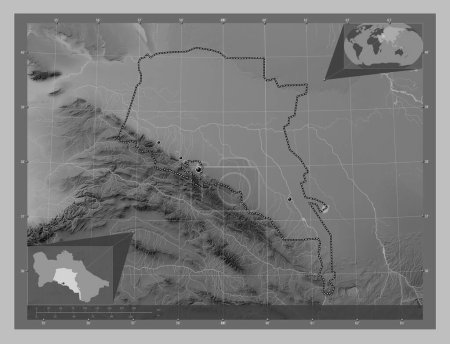 Photo for Ahal, province of Turkmenistan. Grayscale elevation map with lakes and rivers. Locations of major cities of the region. Corner auxiliary location maps - Royalty Free Image