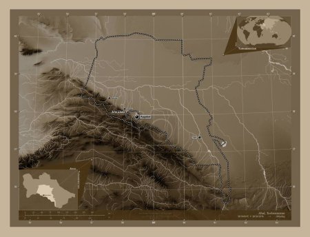 Photo for Ahal, province of Turkmenistan. Elevation map colored in sepia tones with lakes and rivers. Locations and names of major cities of the region. Corner auxiliary location maps - Royalty Free Image