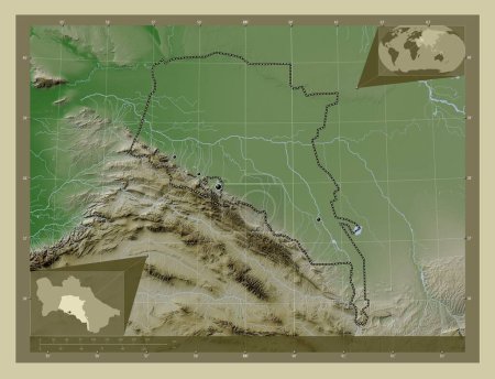 Photo for Ahal, province of Turkmenistan. Elevation map colored in wiki style with lakes and rivers. Locations of major cities of the region. Corner auxiliary location maps - Royalty Free Image