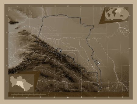 Photo for Ahal, province of Turkmenistan. Elevation map colored in sepia tones with lakes and rivers. Locations of major cities of the region. Corner auxiliary location maps - Royalty Free Image