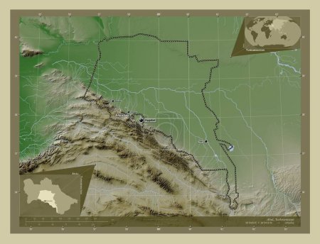 Photo for Ahal, province of Turkmenistan. Elevation map colored in wiki style with lakes and rivers. Locations and names of major cities of the region. Corner auxiliary location maps - Royalty Free Image