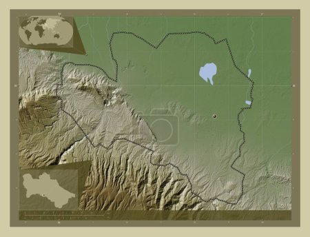 Téléchargez les photos : Asgabat, ville indépendante du Turkménistan. Carte d'altitude colorée dans le style wiki avec des lacs et des rivières. Corner cartes de localisation auxiliaires - en image libre de droit