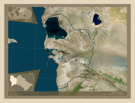 Foto de Balkan, provincia de Turkmenistán. Mapa satelital de alta resolución. Ubicaciones y nombres de las principales ciudades de la región. Mapas de ubicación auxiliares de esquina - Imagen libre de derechos