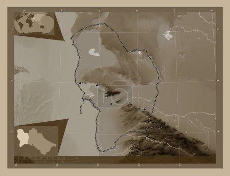 Photo for Balkan, province of Turkmenistan. Elevation map colored in sepia tones with lakes and rivers. Locations of major cities of the region. Corner auxiliary location maps - Royalty Free Image