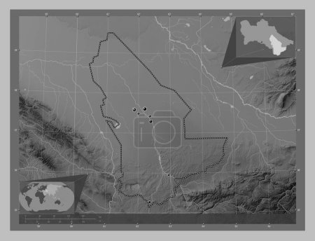 Photo for Mary, province of Turkmenistan. Grayscale elevation map with lakes and rivers. Locations of major cities of the region. Corner auxiliary location maps - Royalty Free Image