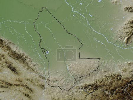 Téléchargez les photos : Mary, province du Turkménistan. Carte d'altitude colorée dans le style wiki avec des lacs et des rivières - en image libre de droit