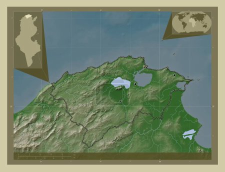 Téléchargez les photos : Bizerte, gouvernorat de Tunisie. Carte d'altitude colorée dans le style wiki avec des lacs et des rivières. Emplacements des grandes villes de la région. Corner cartes de localisation auxiliaires - en image libre de droit