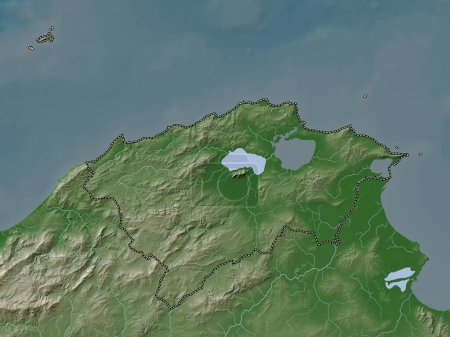 Bizerte, gouvernorat de Tunisie. Carte d'altitude colorée dans le style wiki avec des lacs et des rivières