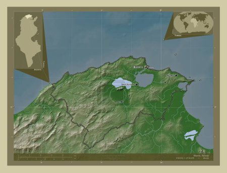 Téléchargez les photos : Bizerte, gouvernorat de Tunisie. Carte d'altitude colorée dans le style wiki avec des lacs et des rivières. Emplacements et noms des grandes villes de la région. Corner cartes de localisation auxiliaires - en image libre de droit