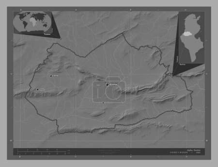Téléchargez les photos : Gafsa, gouvernorat de Tunisie. Carte d'altitude de Bilevel avec lacs et rivières. Emplacements et noms des grandes villes de la région. Corner cartes de localisation auxiliaires - en image libre de droit