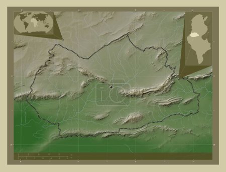Téléchargez les photos : Gafsa, gouvernorat de Tunisie. Carte d'altitude colorée dans le style wiki avec des lacs et des rivières. Corner cartes de localisation auxiliaires - en image libre de droit