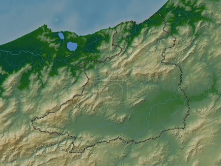 Jendouba, Gouvernement von Tunesien. Farbige Höhenkarte mit Seen und Flüssen