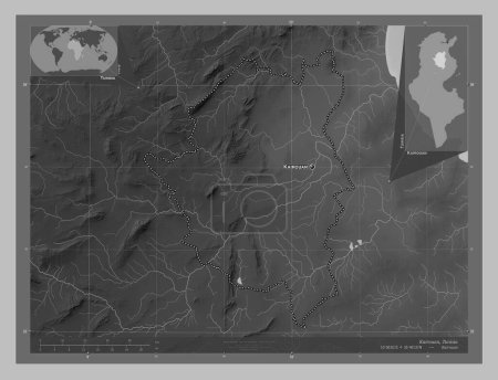 Téléchargez les photos : Kairouan, gouvernorat de Tunisie. Carte d'altitude en niveaux de gris avec lacs et rivières. Emplacements et noms des grandes villes de la région. Corner cartes de localisation auxiliaires - en image libre de droit