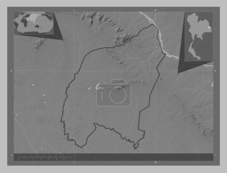Photo for Amnat Charoen, province of Thailand. Grayscale elevation map with lakes and rivers. Corner auxiliary location maps - Royalty Free Image