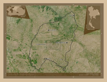 Foto de Amnat Charoen, province of Thailand. Low resolution satellite map. Locations and names of major cities of the region. Corner auxiliary location maps - Imagen libre de derechos