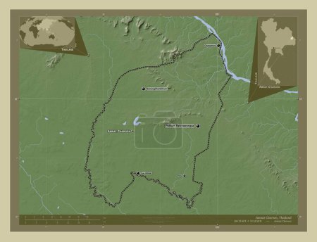 Téléchargez les photos : Amnat Charoen, province de Thaïlande. Carte d'altitude colorée dans le style wiki avec des lacs et des rivières. Emplacements et noms des grandes villes de la région. Corner cartes de localisation auxiliaires - en image libre de droit