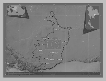 Photo for Buri Ram, province of Thailand. Grayscale elevation map with lakes and rivers. Locations and names of major cities of the region. Corner auxiliary location maps - Royalty Free Image