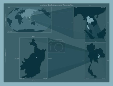 Téléchargez les photos : Buri Ram, province of Thailand. Diagram showing the location of the region on larger-scale maps. Composition of vector frames and PNG shapes on a solid background - en image libre de droit