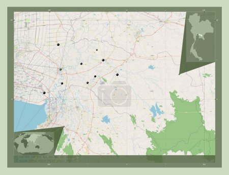 Foto de Chachoengsao, province of Thailand. Open Street Map. Locations of major cities of the region. Corner auxiliary location maps - Imagen libre de derechos